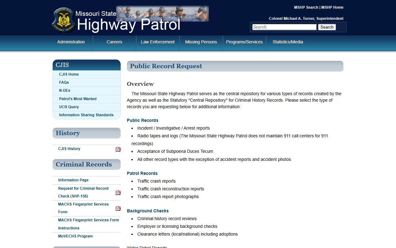 Reynolds County arrest records MSHP public records request