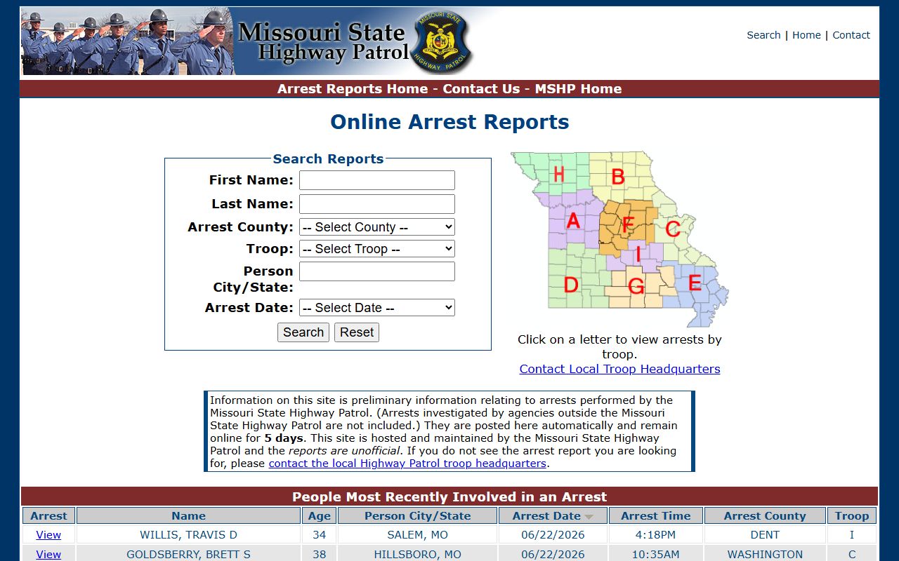 Reynolds County arrest records MSHP arrest report search