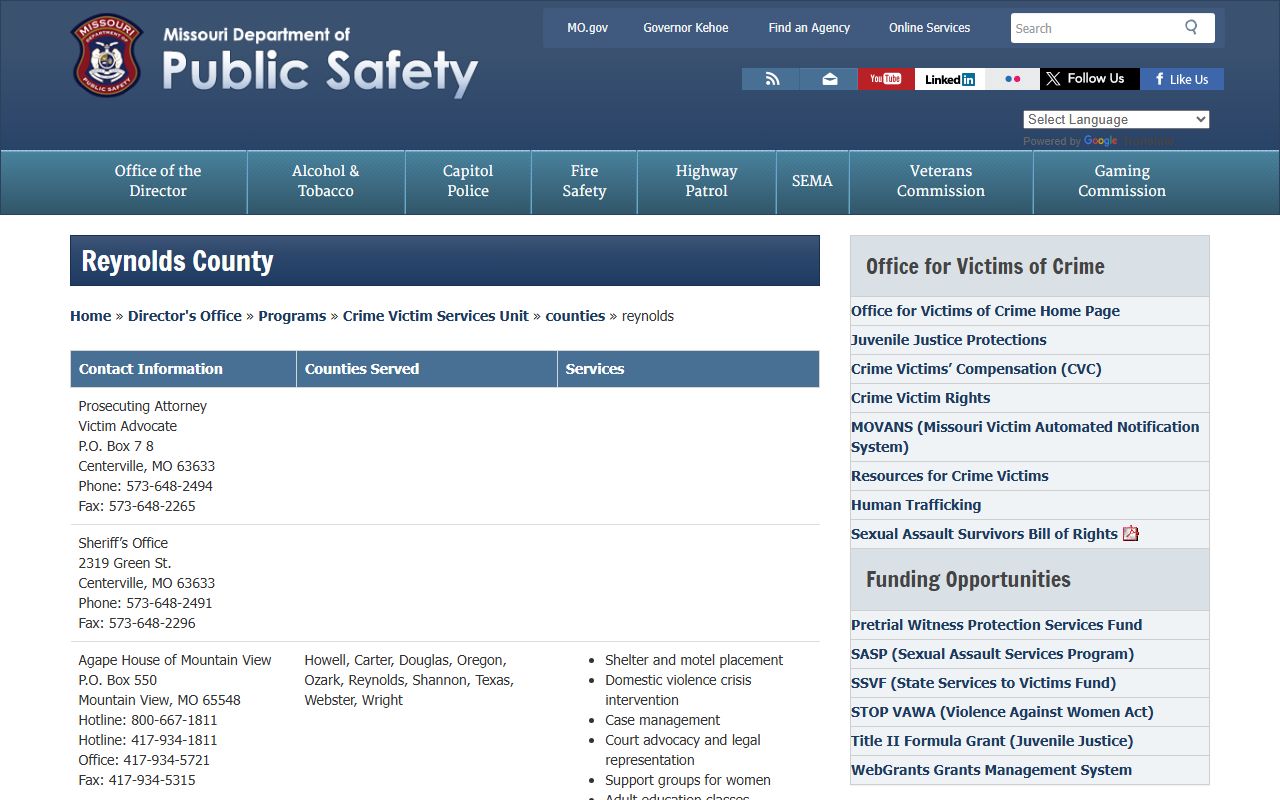 Reynolds County Court records DPS sheriff and victim services directory
