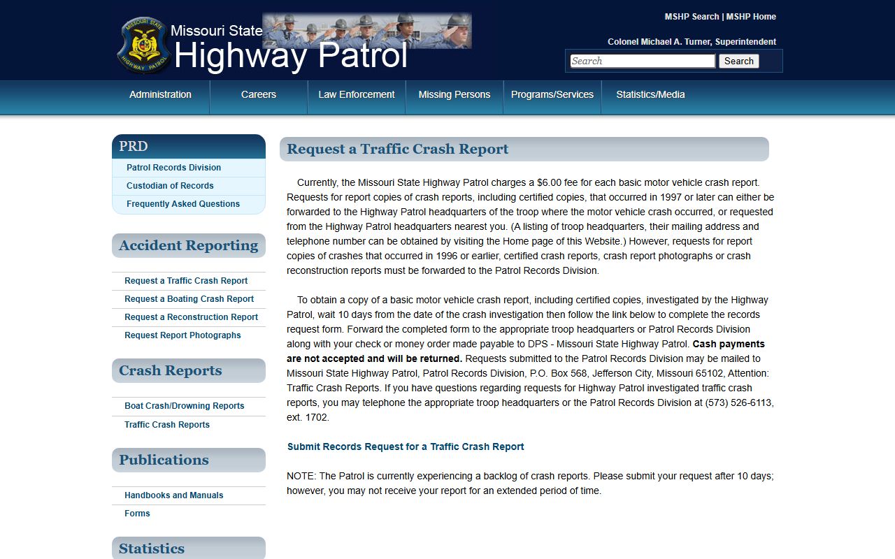Reynolds County traffic court records MSHP crash report requests